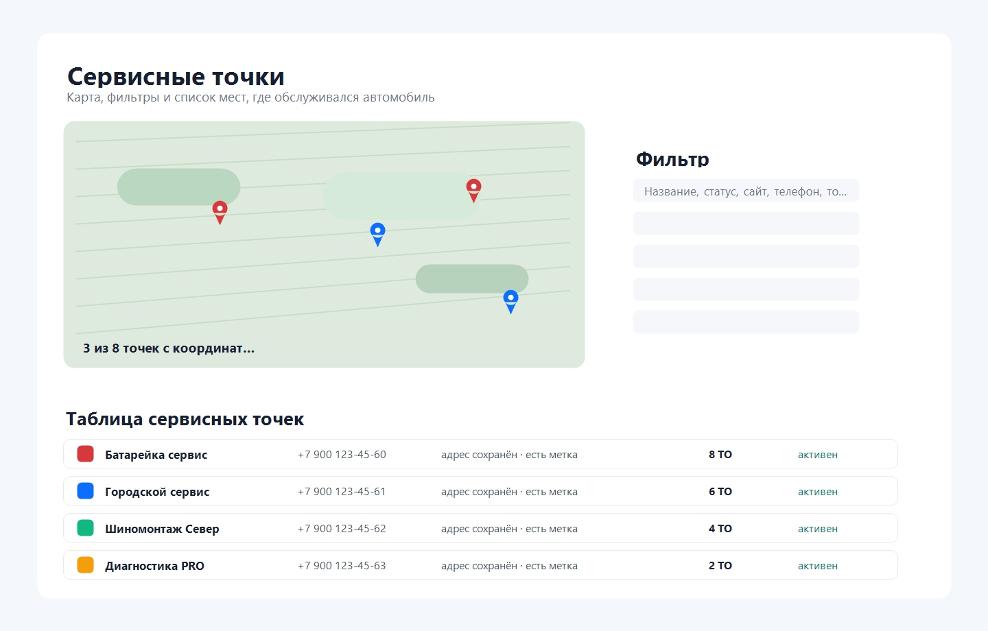 Список сервисных точек с картой и фильтрами в MotorDesk